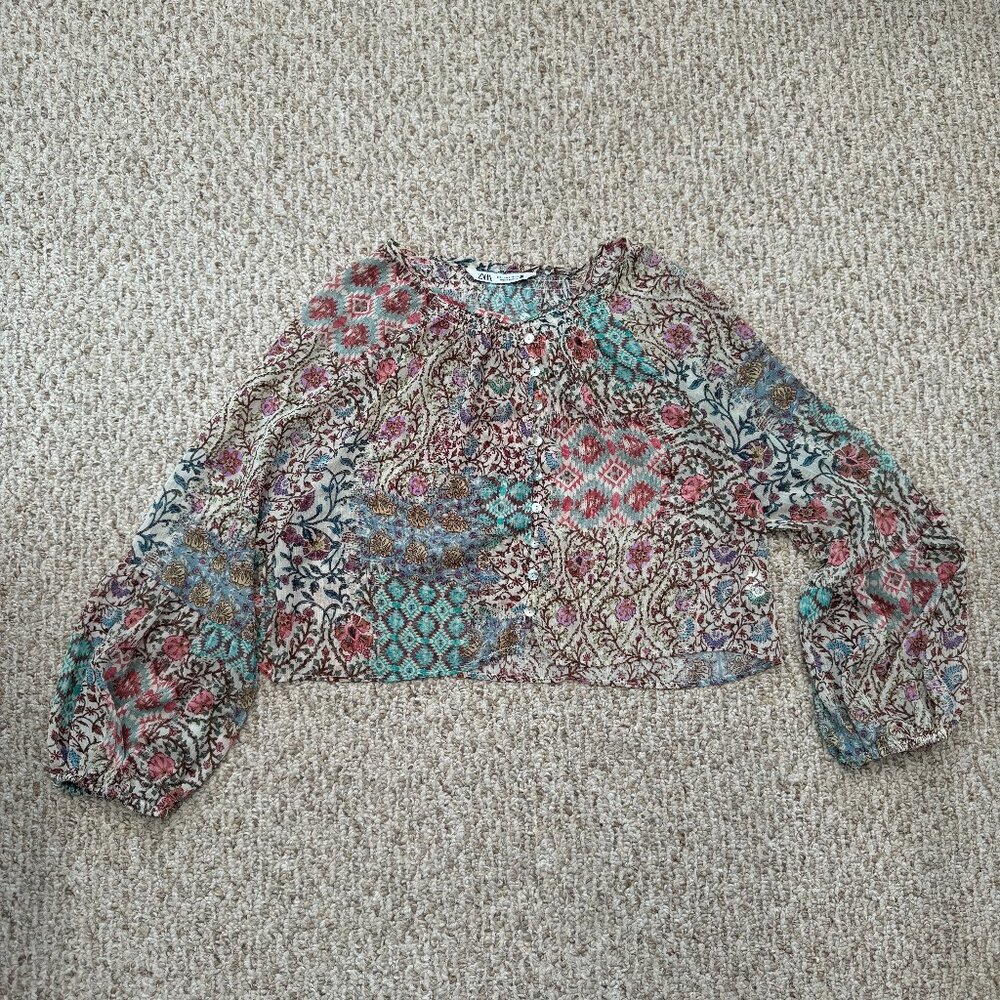 Zara Floral Geometric Sheer Long Sleeve Boho Western Crop‎ L